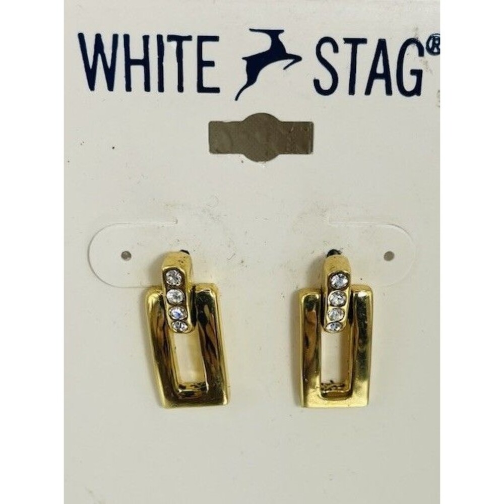 White Stag Earrings-Gold-Tone W/Crystal-Like Clear Stones-Dangle-NWT